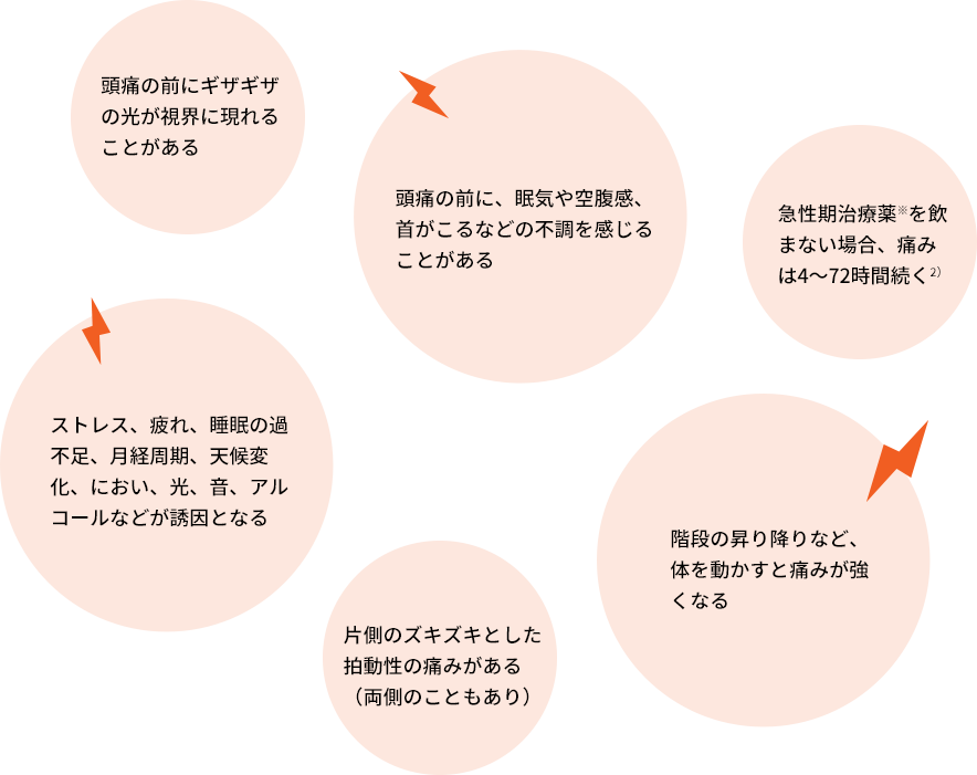 頭痛の前にギザギザの光が視界に現れることがある 頭痛の前に、眠気や空腹感、首がこるなどの不調を感じることがある ストレス、疲れ、睡眠の過不足、月経周期、天候変化、におい、光、音、アルコールなどが誘因となる 片側のズキズキとした拍動性の痛みがある（両側のこともあり） 急性期治療薬※を飲まない場合、痛みは4～72時間続く 階段の昇り降りなど、体を動かすと痛みが強くなる